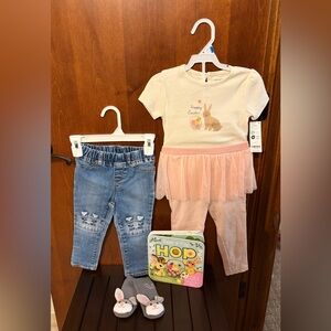 2T Girl four piece Easter theme lot. Outfit, bunny jeans, book and socks.